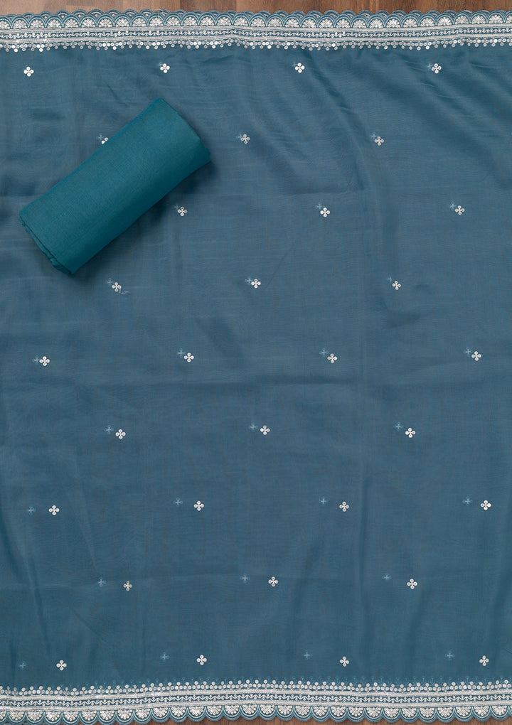 Blue Threadwork Tissue Unstitched Salwar Suit