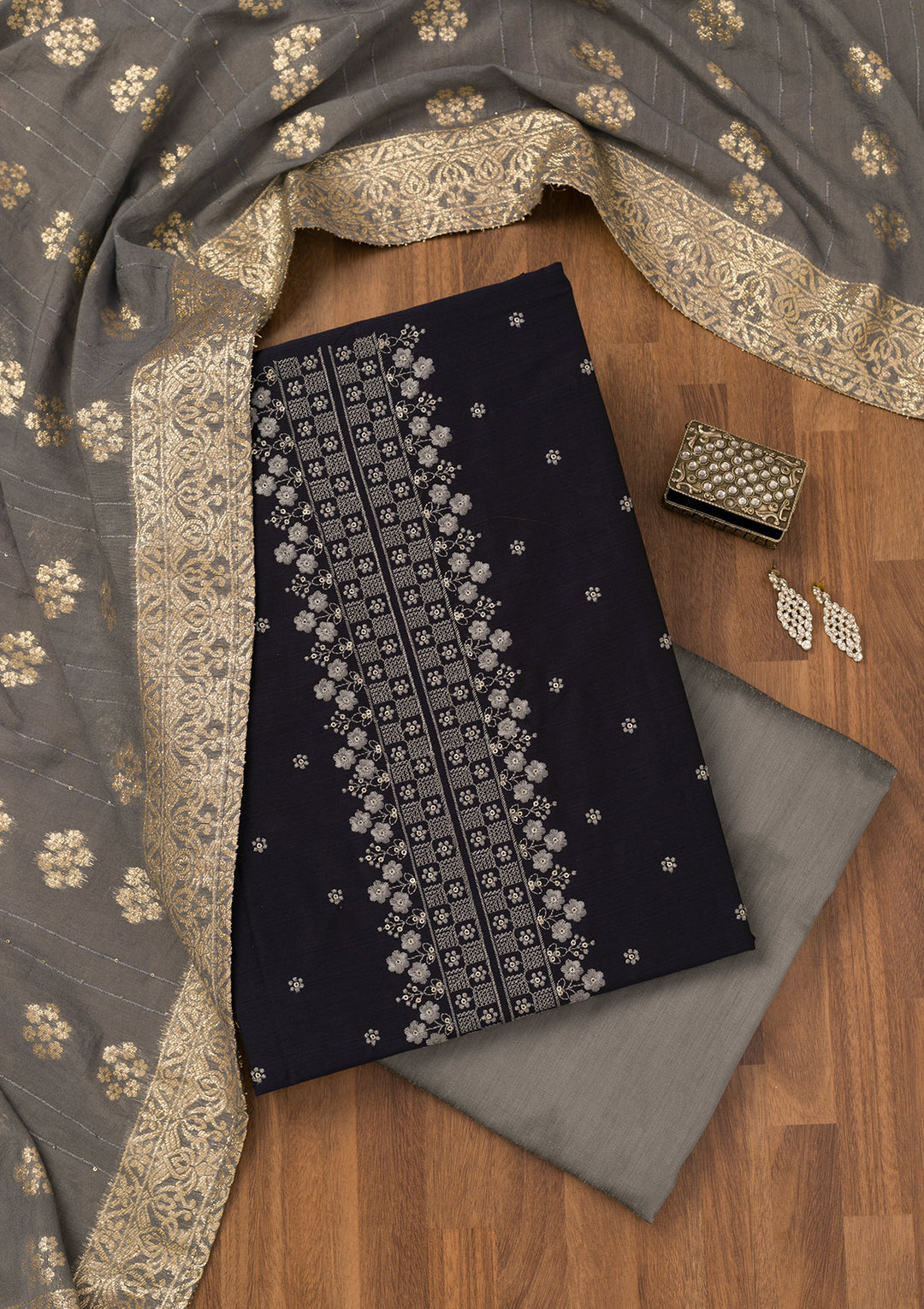 Blue Zariwork Art Silk Unstitched Salwar Suit