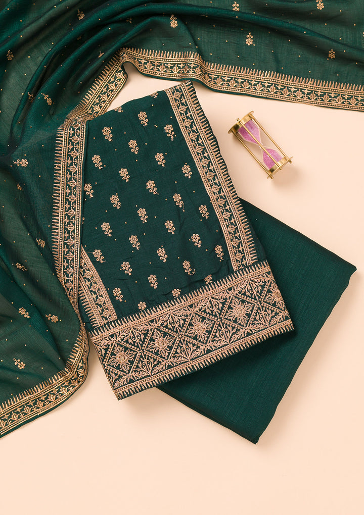 Bottle Green Zariwork Raw Silk Unstitched Salwar Suit