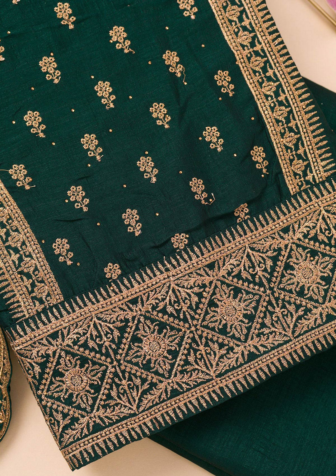 Bottle Green Zariwork Raw Silk Unstitched Salwar Suit