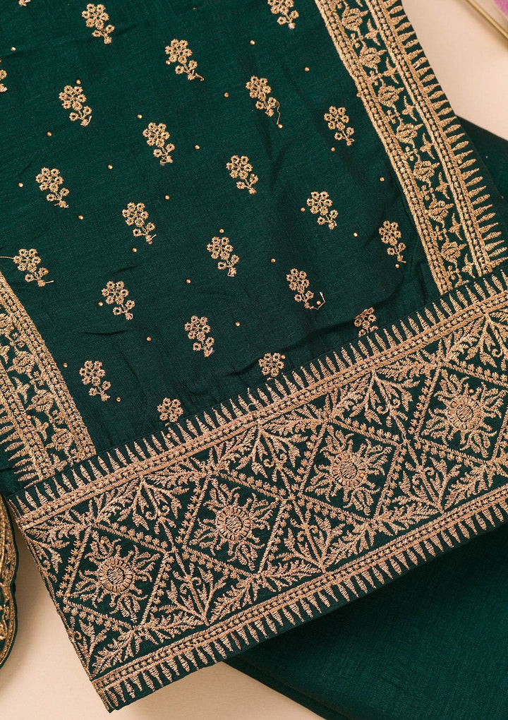 Bottle Green Zariwork Raw Silk Unstitched Salwar Suit