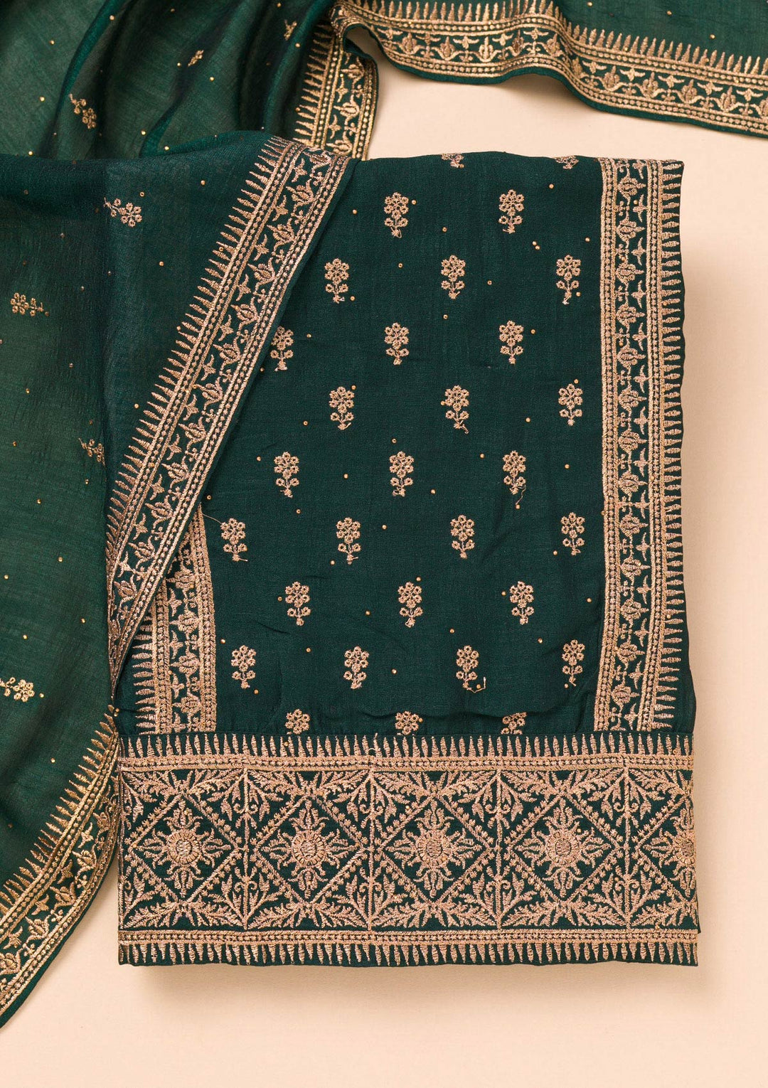 Bottle Green Zariwork Raw Silk Unstitched Salwar Suit