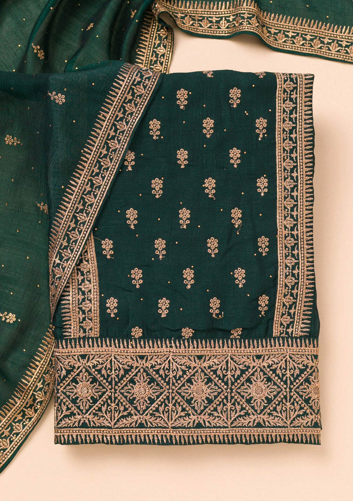 Bottle Green Zariwork Raw Silk Unstitched Salwar Suit