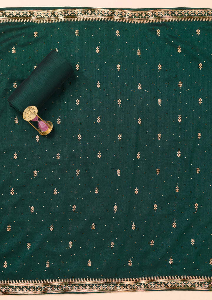 Bottle Green Zariwork Raw Silk Unstitched Salwar Suit