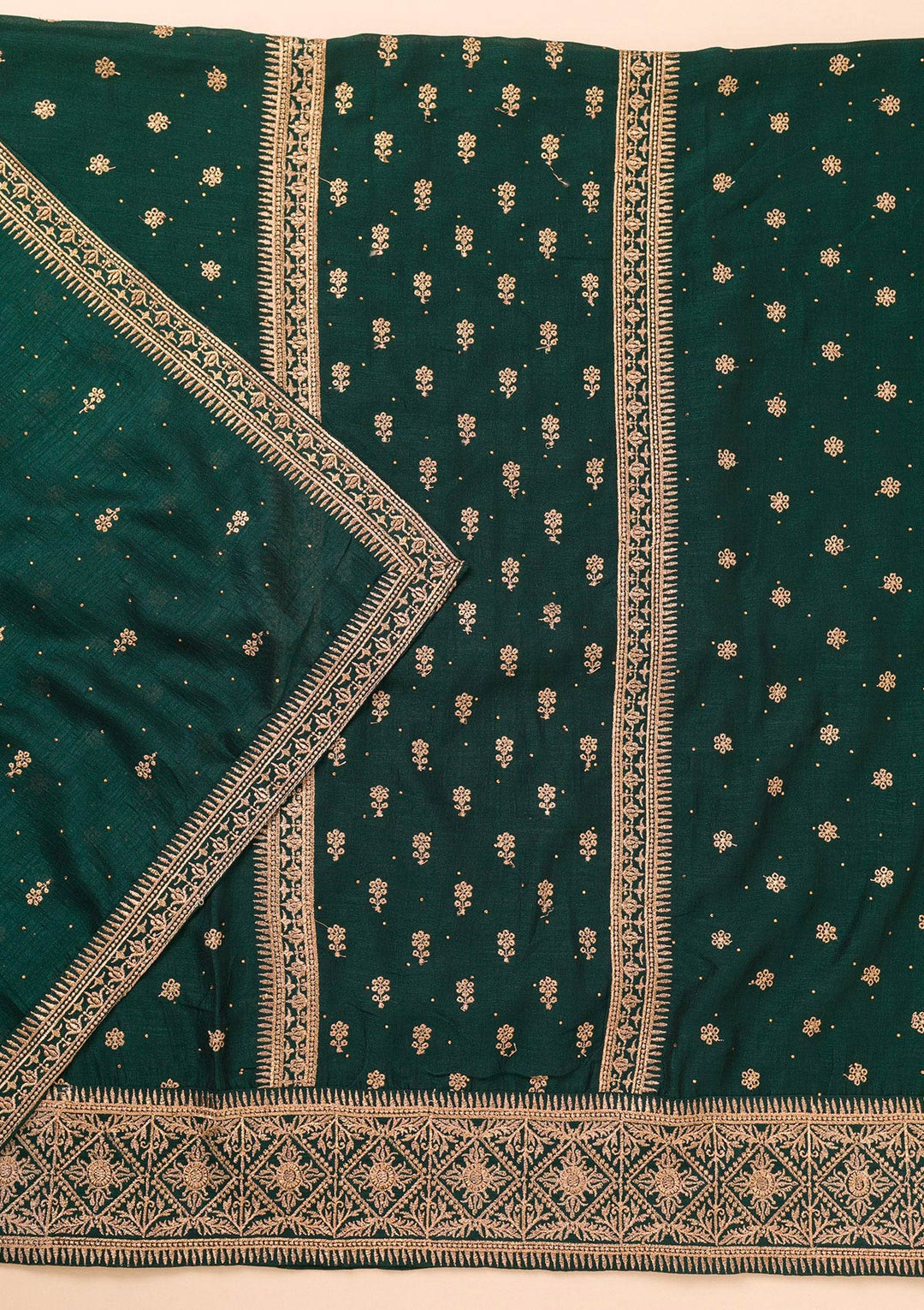 Bottle Green Zariwork Raw Silk Unstitched Salwar Suit
