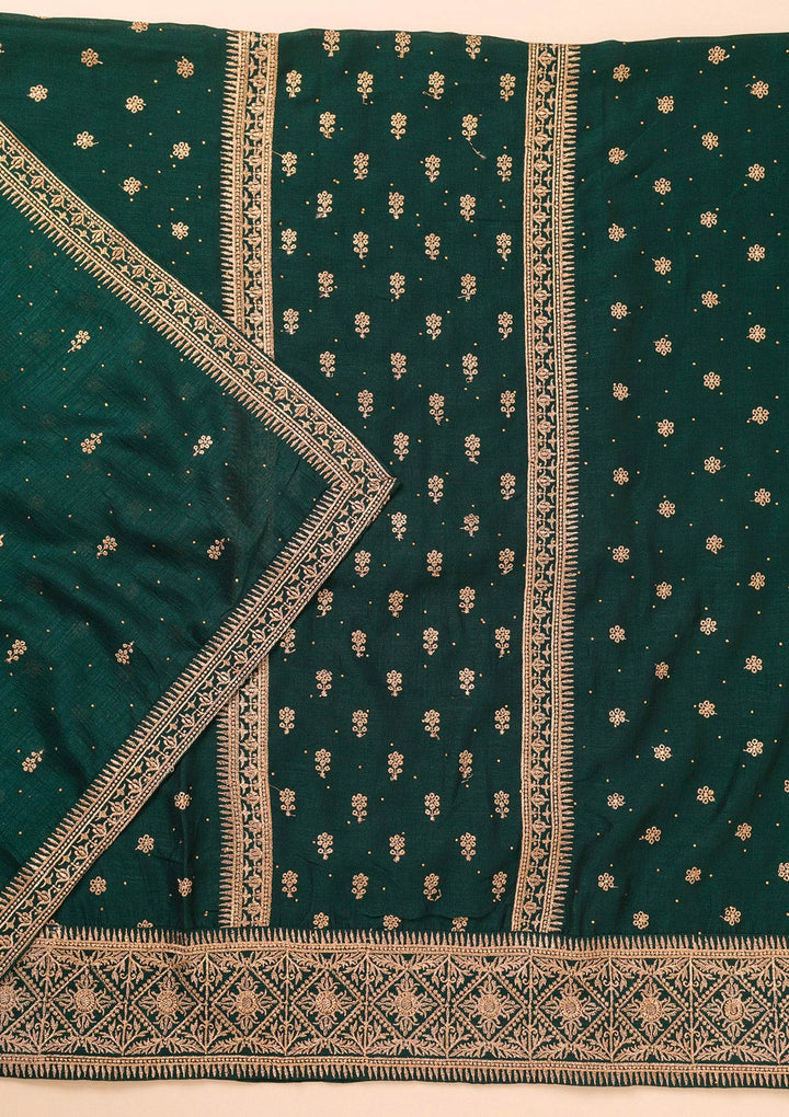 Bottle Green Zariwork Raw Silk Unstitched Salwar Suit