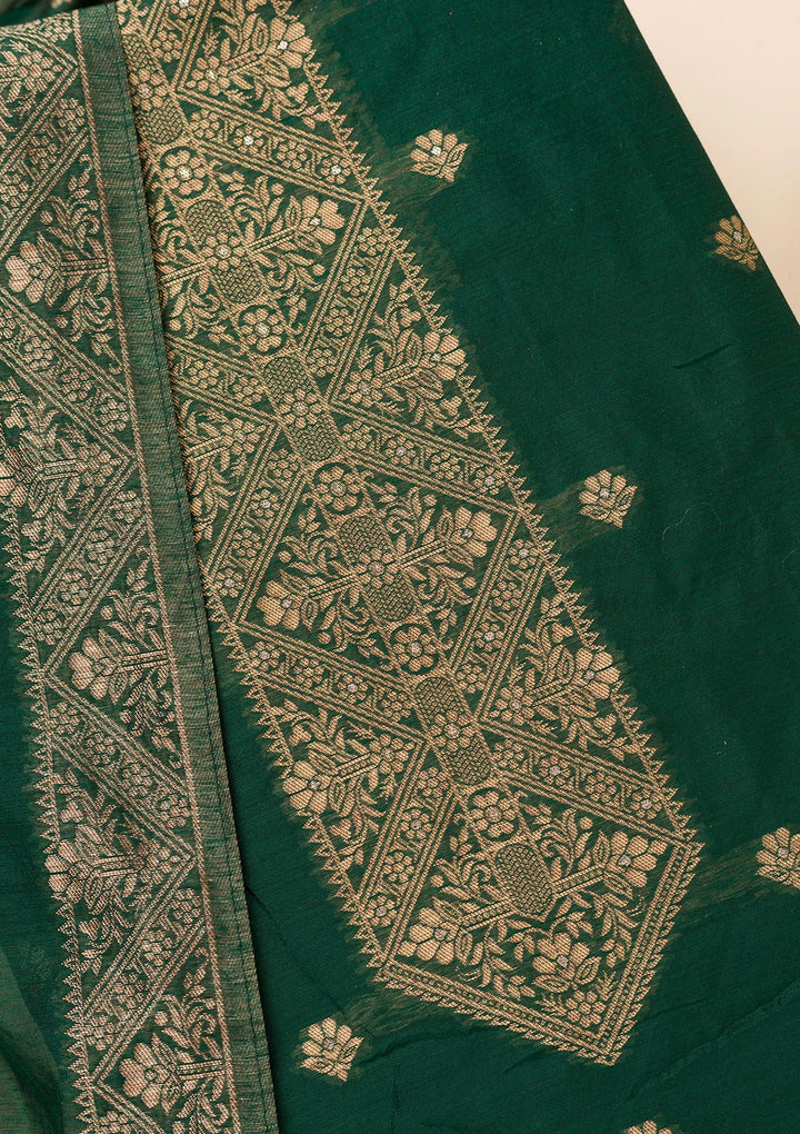 Bottle Green Zariwork Soft Silk Unstitched Salwar Suit