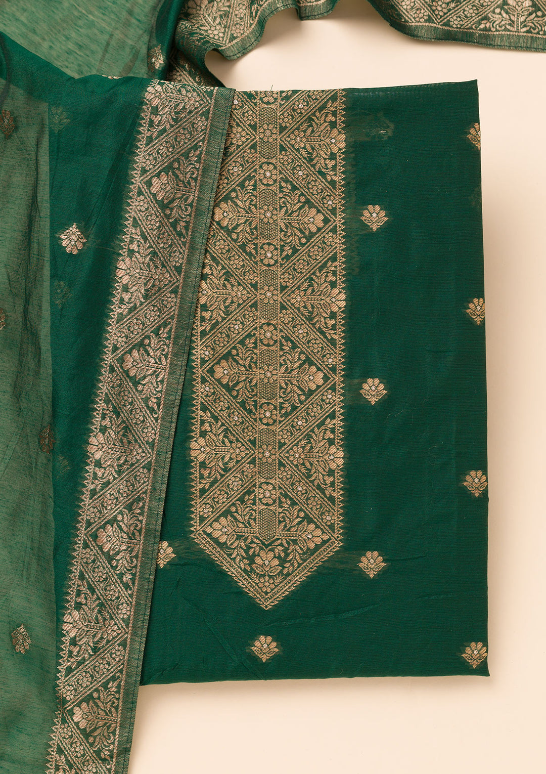 Bottle Green Zariwork Soft Silk Unstitched Salwar Suit