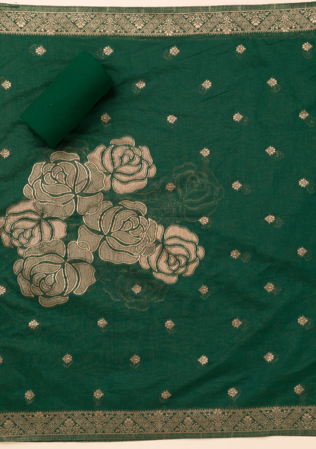 Bottle Green Zariwork Soft Silk Unstitched Salwar Suit