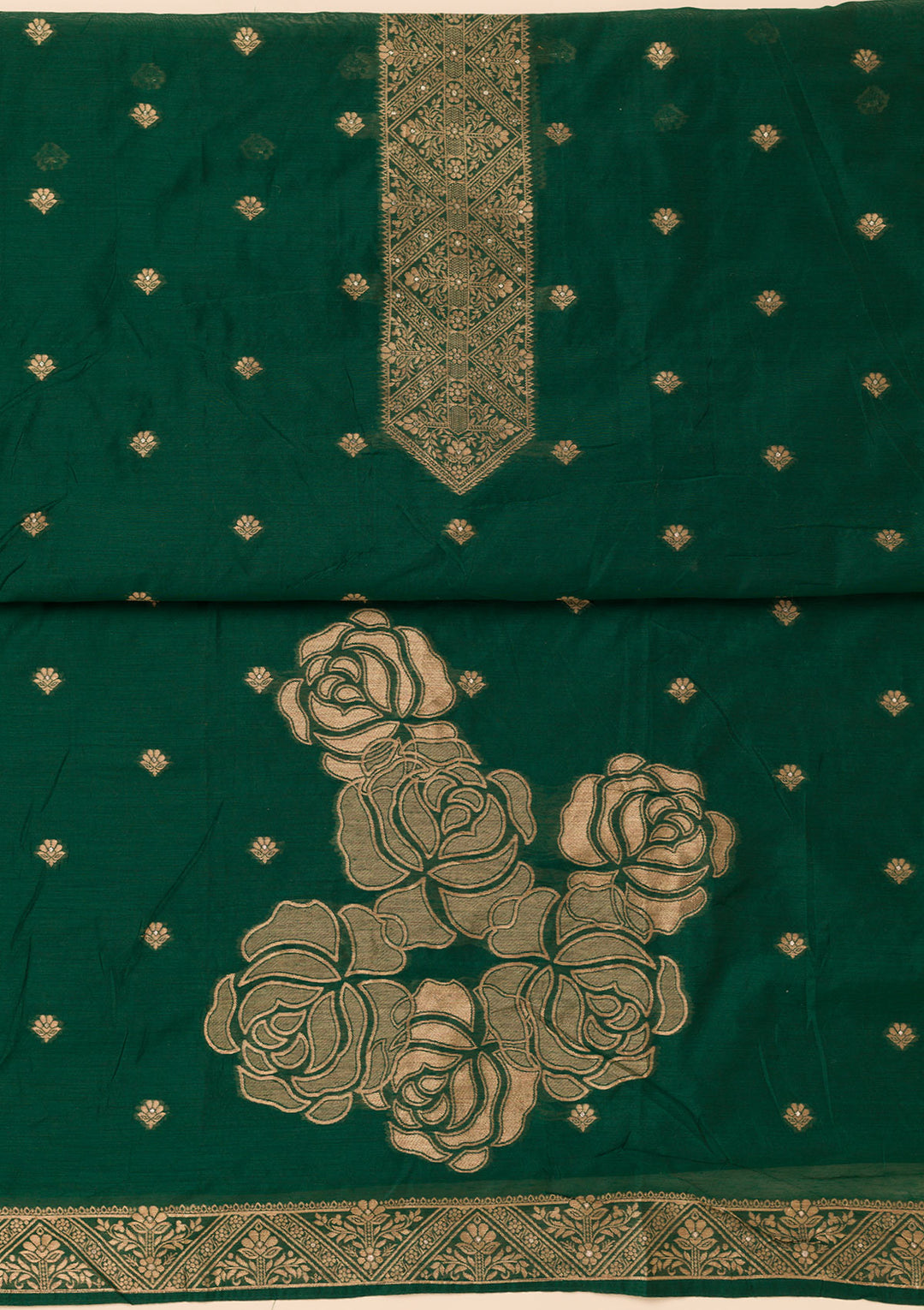Bottle Green Zariwork Soft Silk Unstitched Salwar Suit