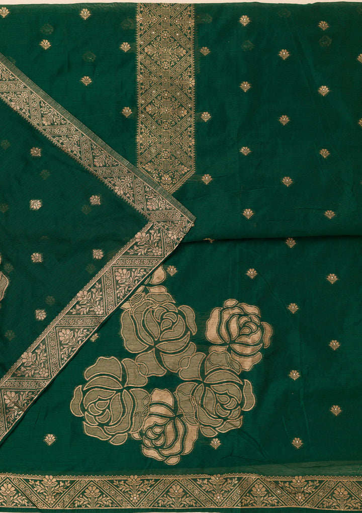 Bottle Green Zariwork Soft Silk Unstitched Salwar Suit