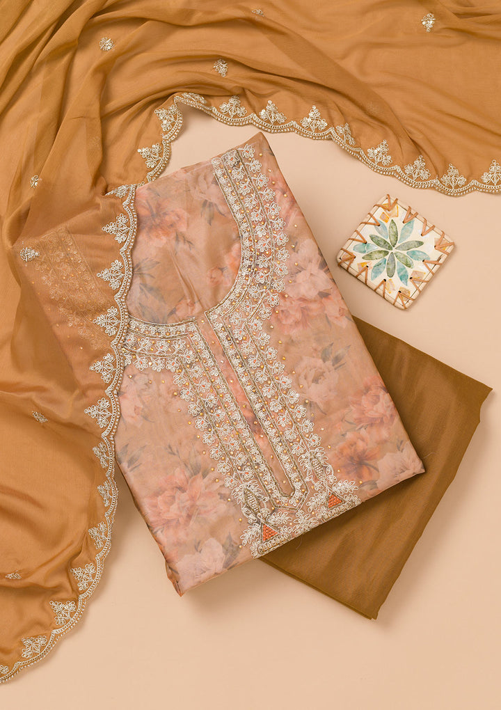 Brown Printed Organza Unstitched Salwar Suit