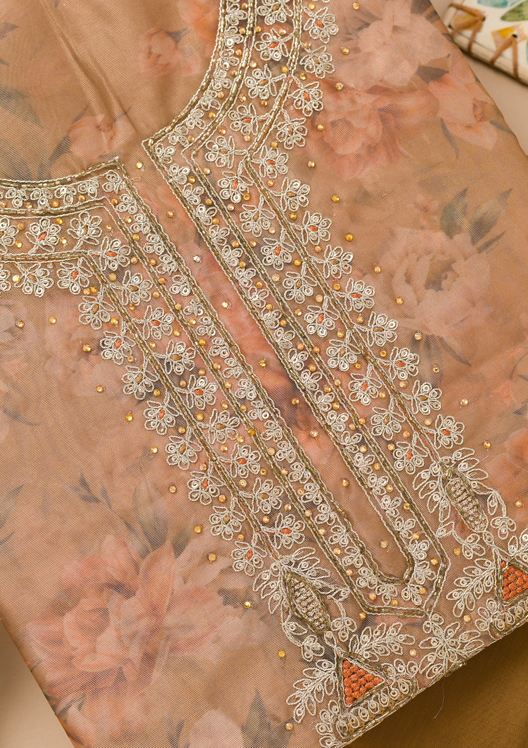 Brown Printed Organza Unstitched Salwar Suit