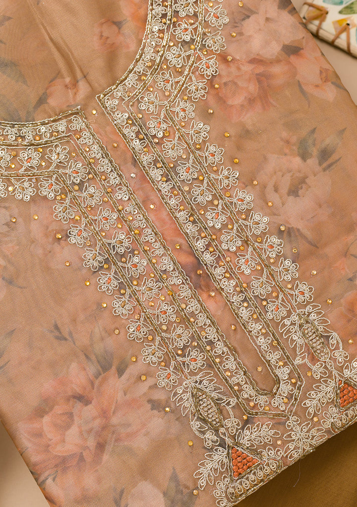 Brown Printed Organza Unstitched Salwar Suit