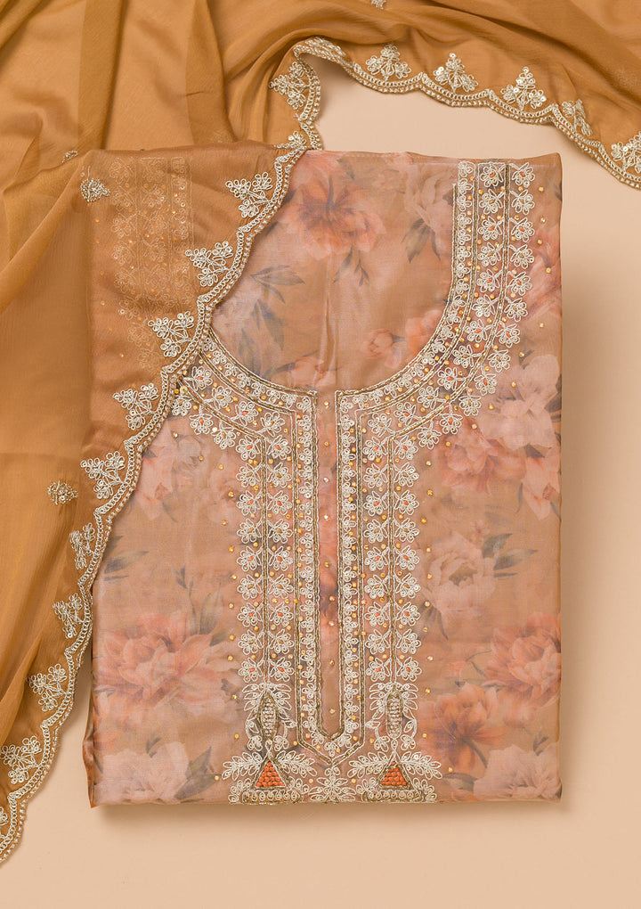 Brown Printed Organza Unstitched Salwar Suit