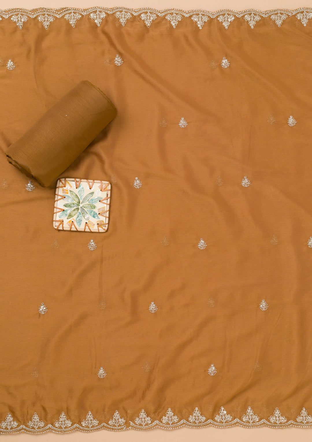 Brown Printed Organza Unstitched Salwar Suit