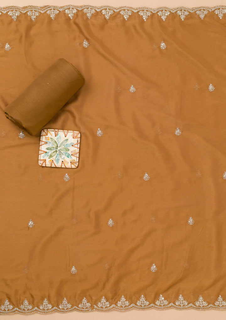 Brown Printed Organza Unstitched Salwar Suit