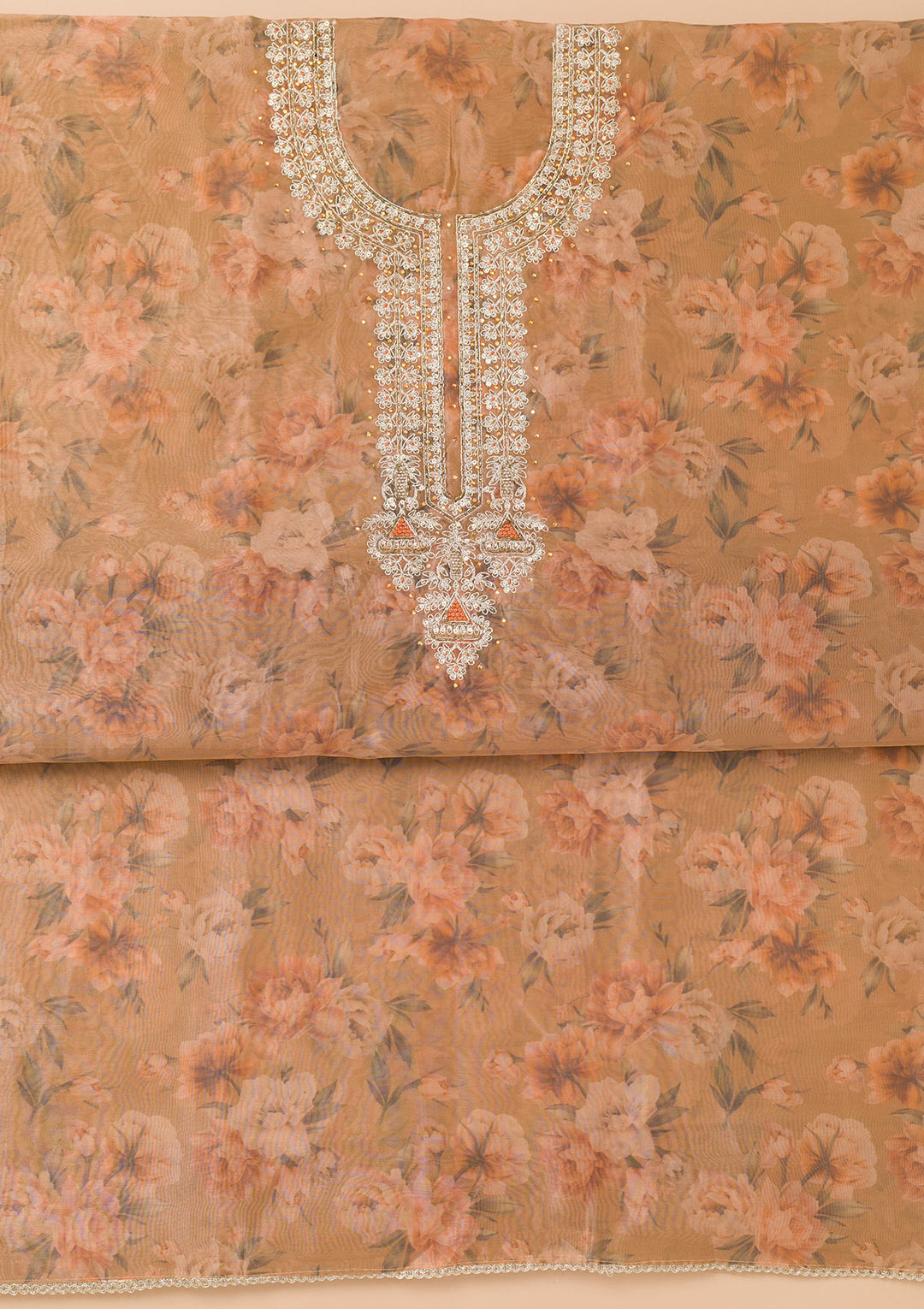 Brown Printed Organza Unstitched Salwar Suit