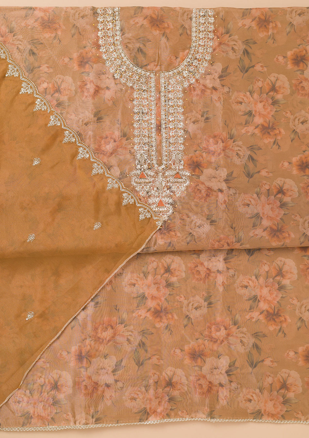 Brown Printed Organza Unstitched Salwar Suit