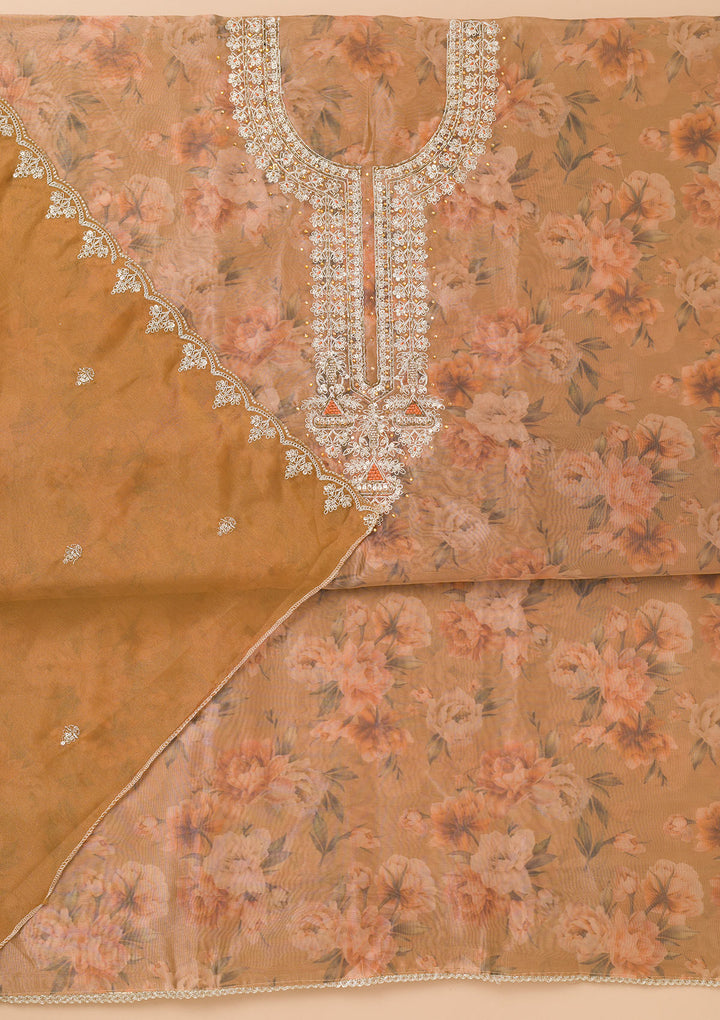 Brown Printed Organza Unstitched Salwar Suit