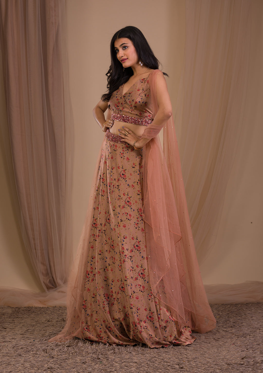 Brown Printed Satin Readymade Lehenga
