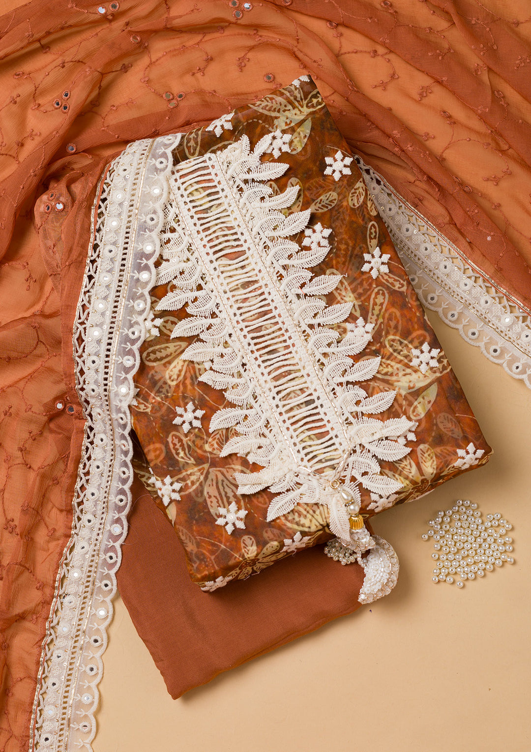 Brown Threadwork Georgette Unstitched Salwar Suit
