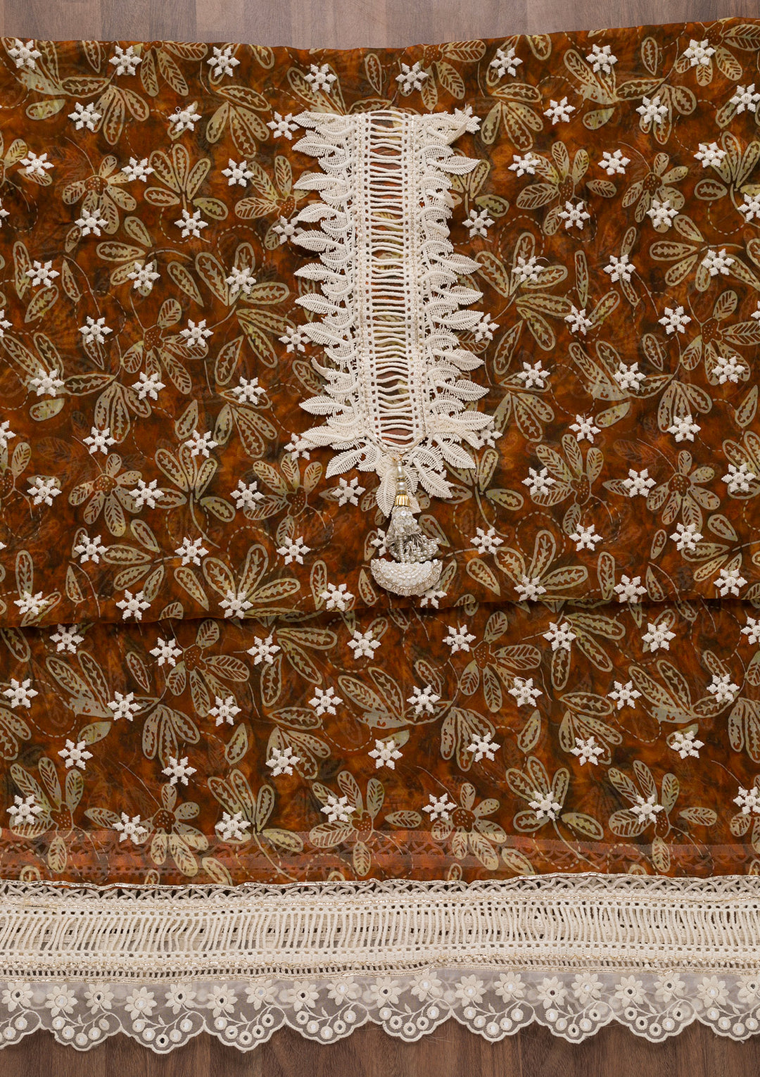 Brown Threadwork Georgette Unstitched Salwar Suit