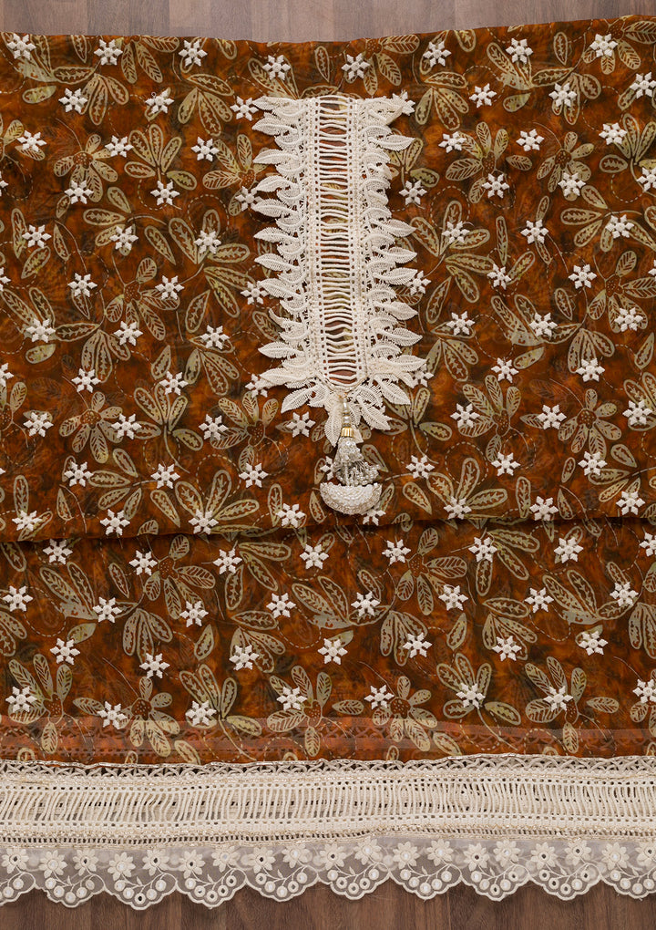 Brown Threadwork Georgette Unstitched Salwar Suit