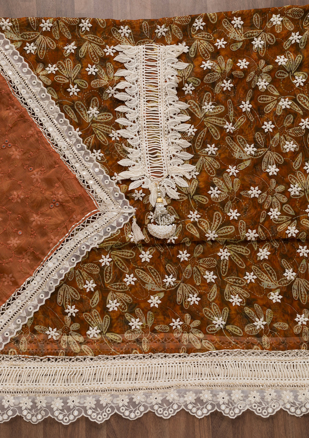 Brown Threadwork Georgette Unstitched Salwar Suit