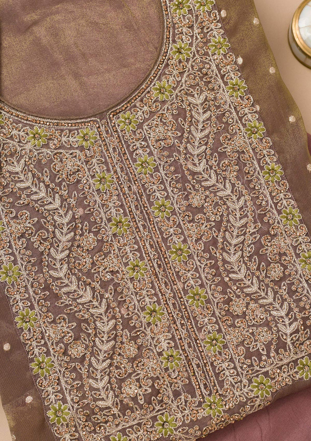 Brown Threadwork Organza Unstitched Salwar Suit
