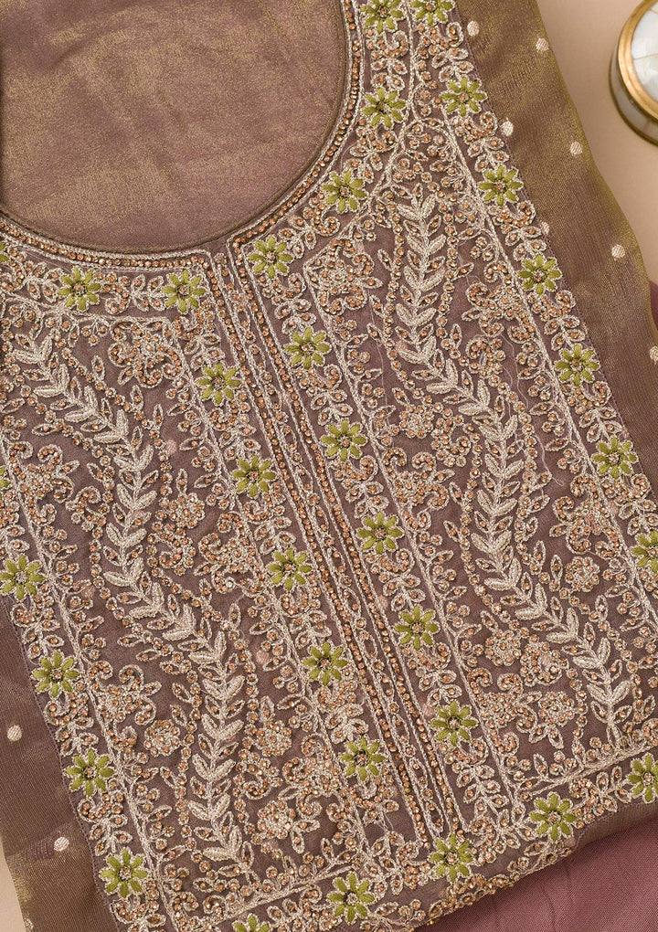 Brown Threadwork Organza Unstitched Salwar Suit