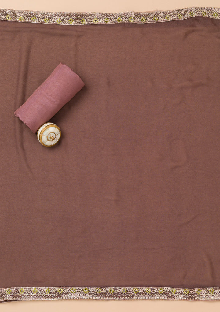 Brown Threadwork Organza Unstitched Salwar Suit