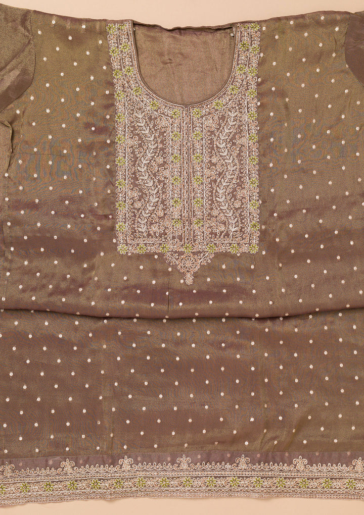 Brown Threadwork Organza Unstitched Salwar Suit