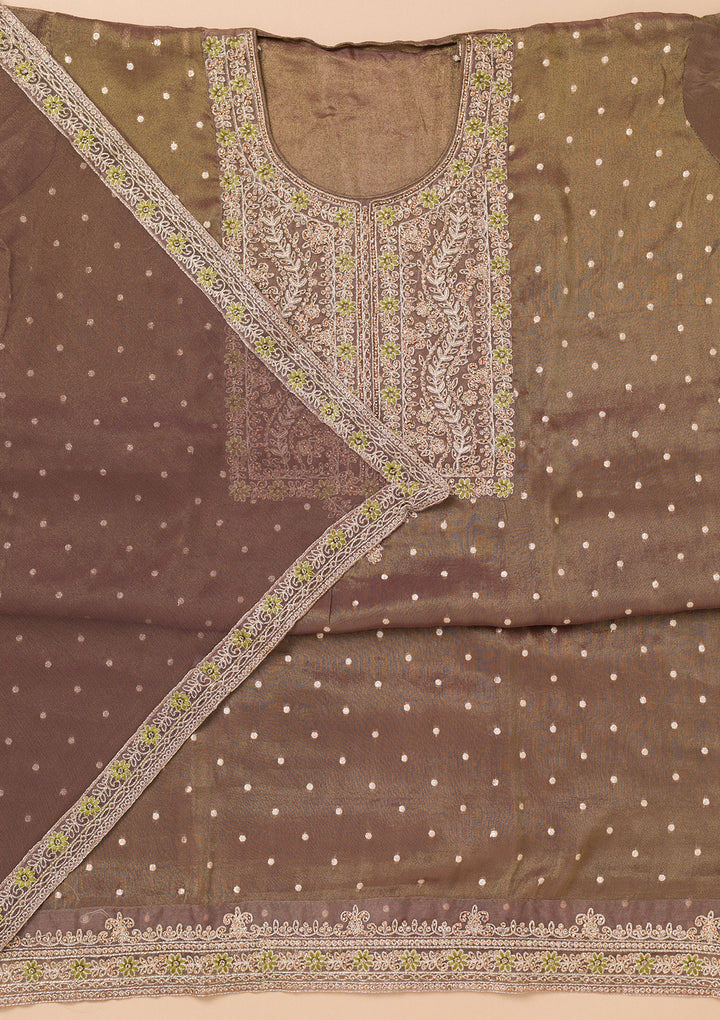 Brown Threadwork Organza Unstitched Salwar Suit
