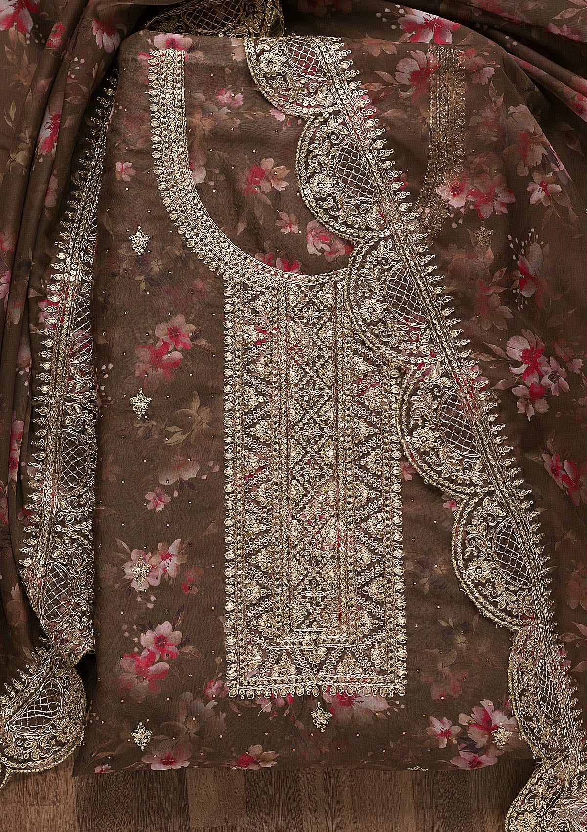 Brown Zariwork Tissue Unstitched Salwar Suit