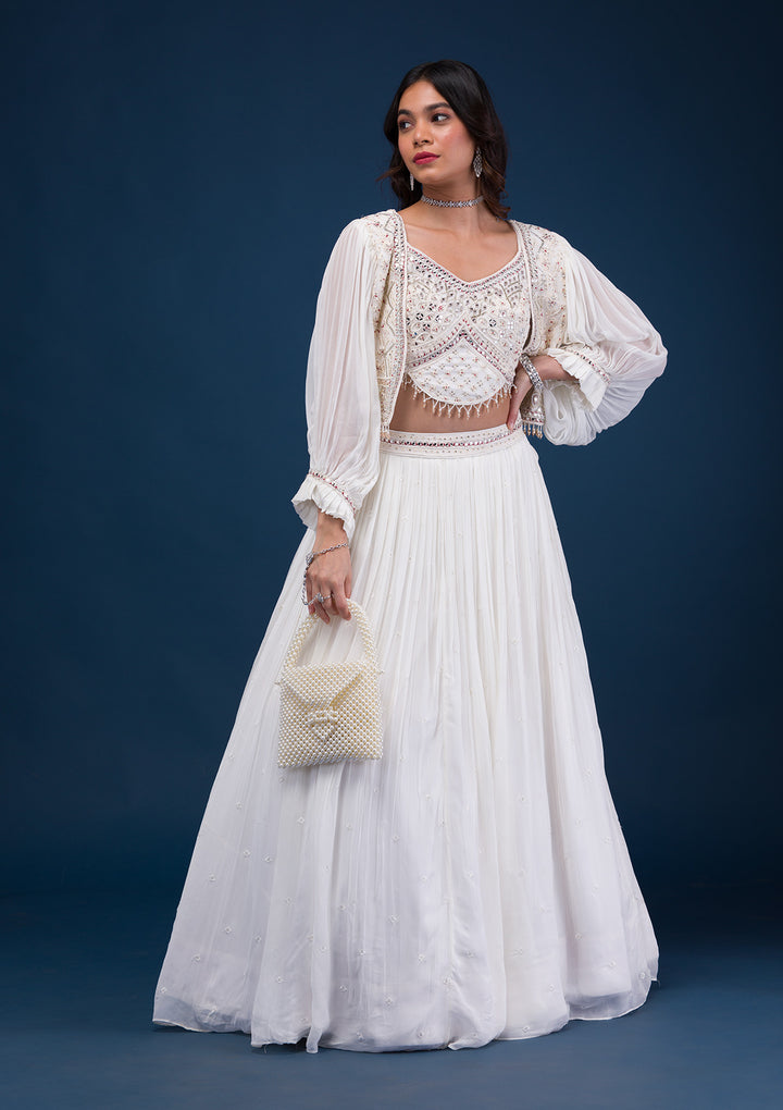 Cream Mirrorwork Georgette Readymade Lehenga