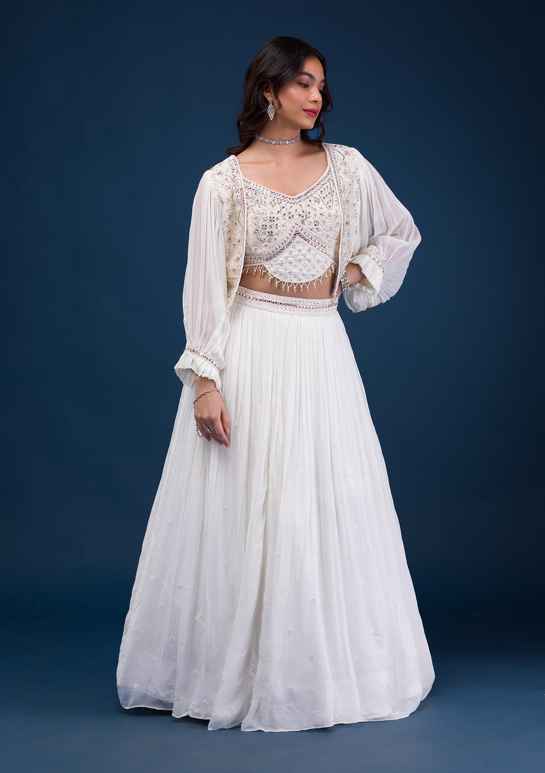 Cream Mirrorwork Georgette Readymade Lehenga