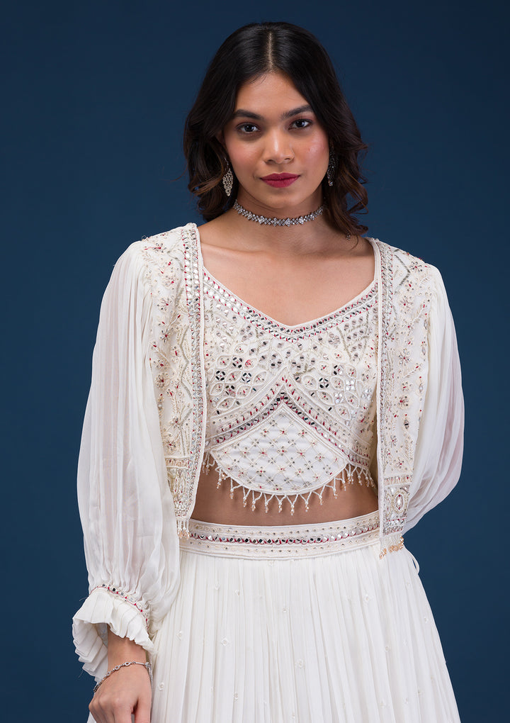 Cream Mirrorwork Georgette Readymade Lehenga