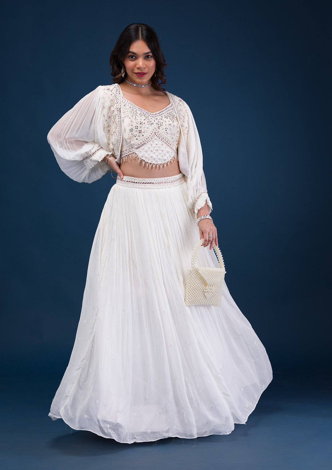Cream Mirrorwork Georgette Readymade Lehenga