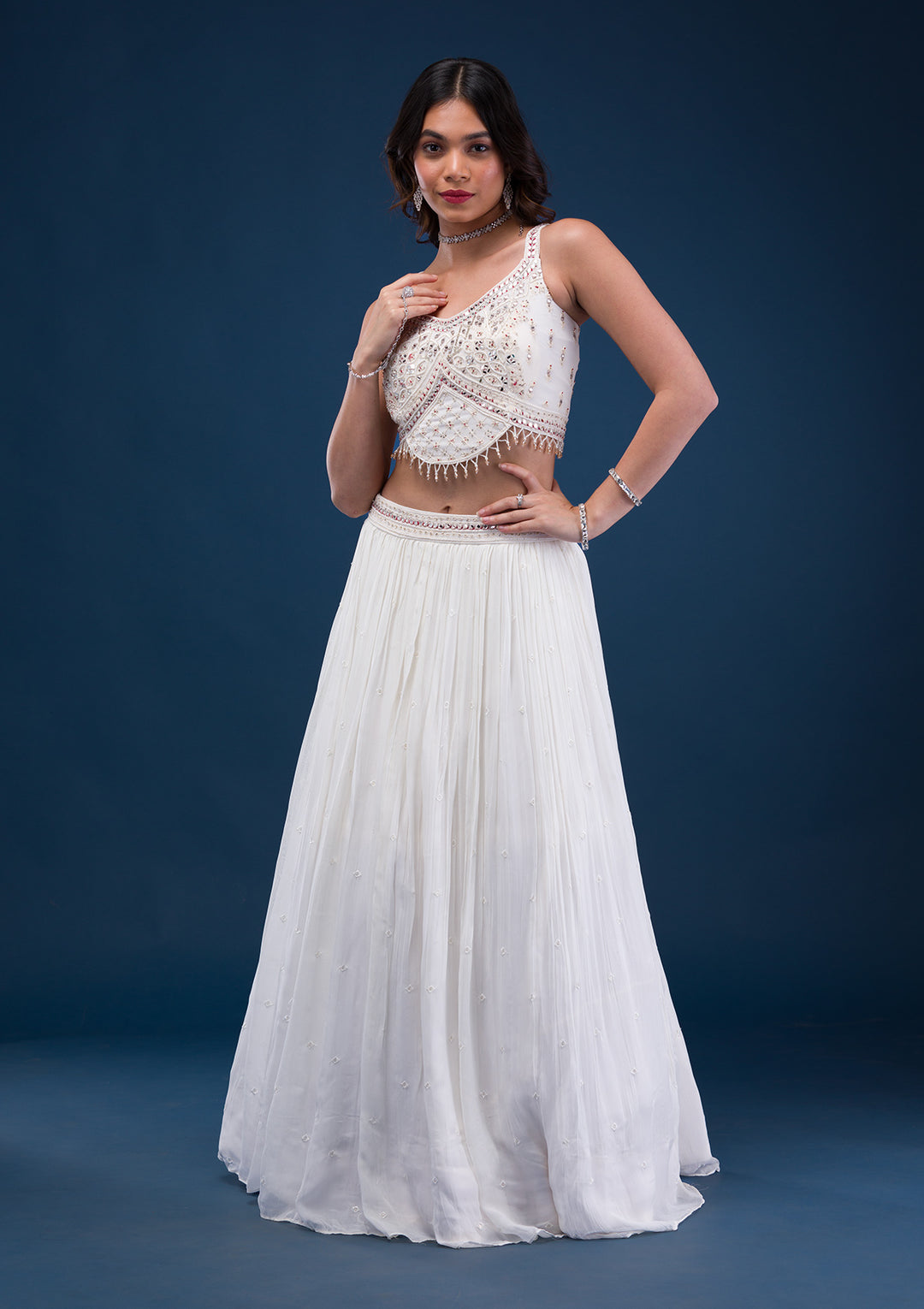 Cream Mirrorwork Georgette Readymade Lehenga