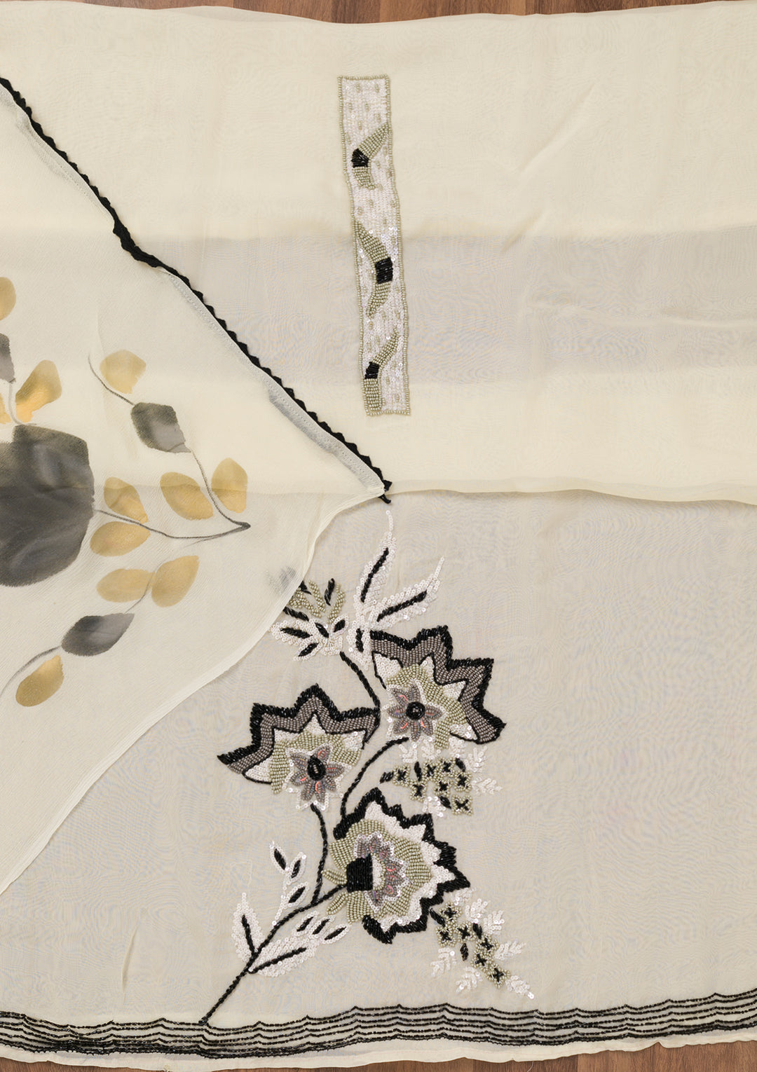 Cream Sequins Tissue Unstitched Salwar Suit