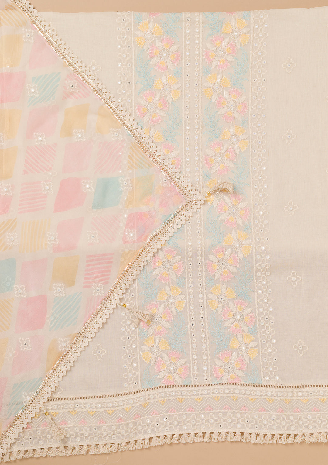 Cream Threadwork Cotton Unstitched Salwar Suit