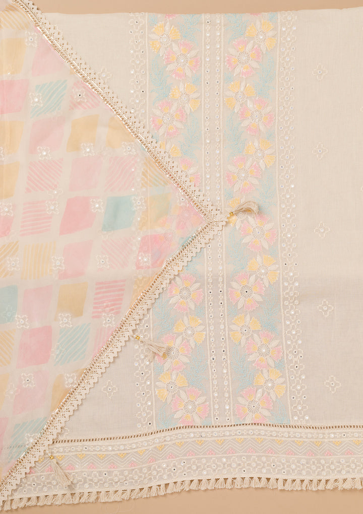 Cream Threadwork Cotton Unstitched Salwar Suit
