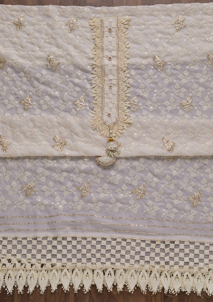 Cream Threadwork Georgette Unstitched Salwar Suit