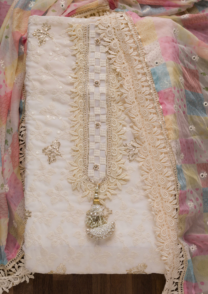 Cream Threadwork Georgette Unstitched Salwar Suit