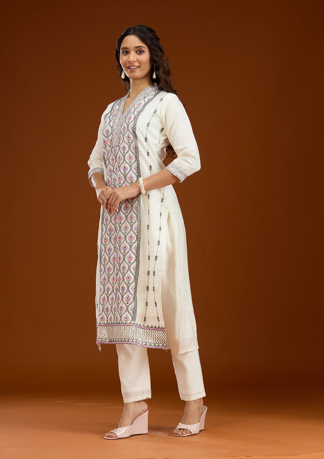 Cream Threadwork Semi Crepe Readymade Salwar Suit