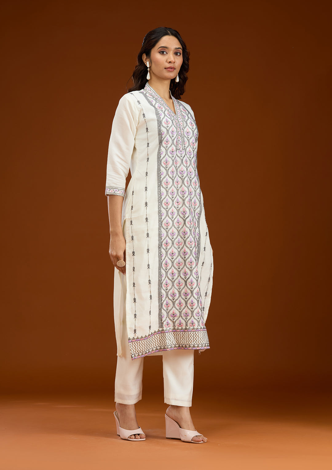 Cream Threadwork Semi Crepe Readymade Salwar Suit