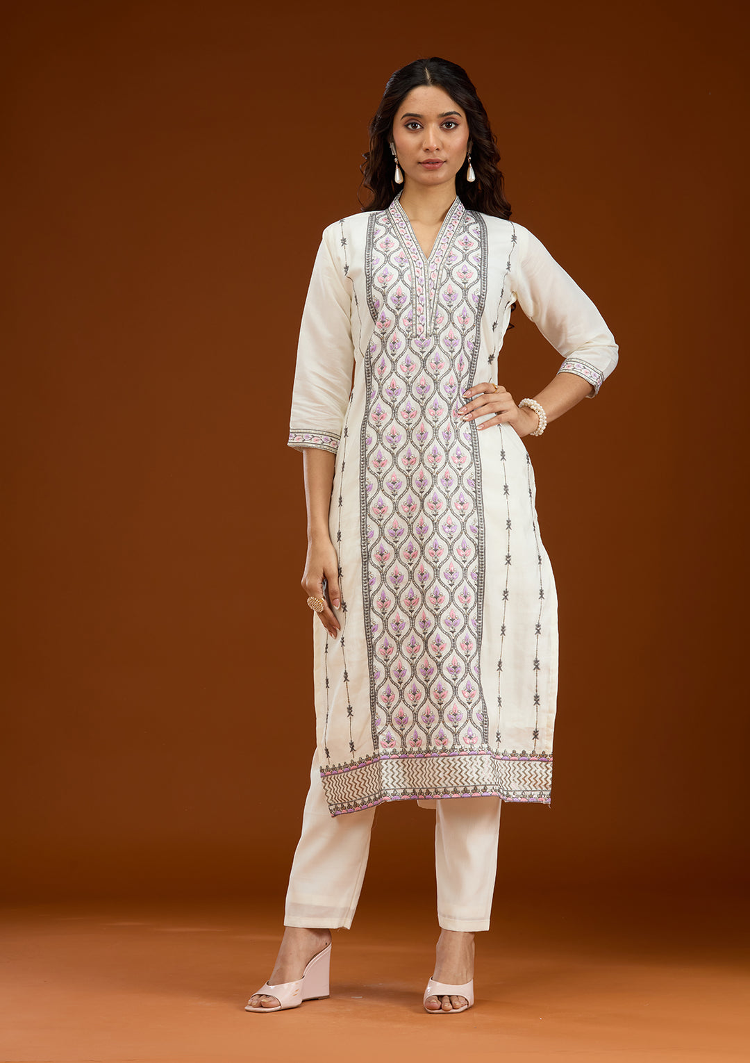 Cream Threadwork Semi Crepe Readymade Salwar Suit