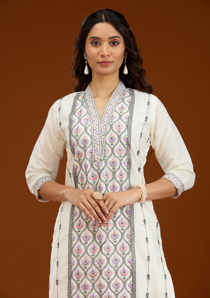 Cream Threadwork Semi Crepe Readymade Salwar Suit