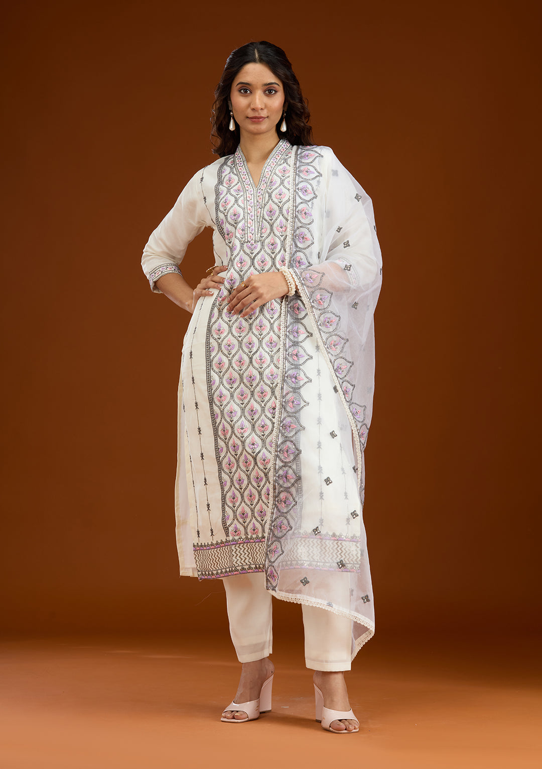 Cream Threadwork Semi Crepe Readymade Salwar Suit